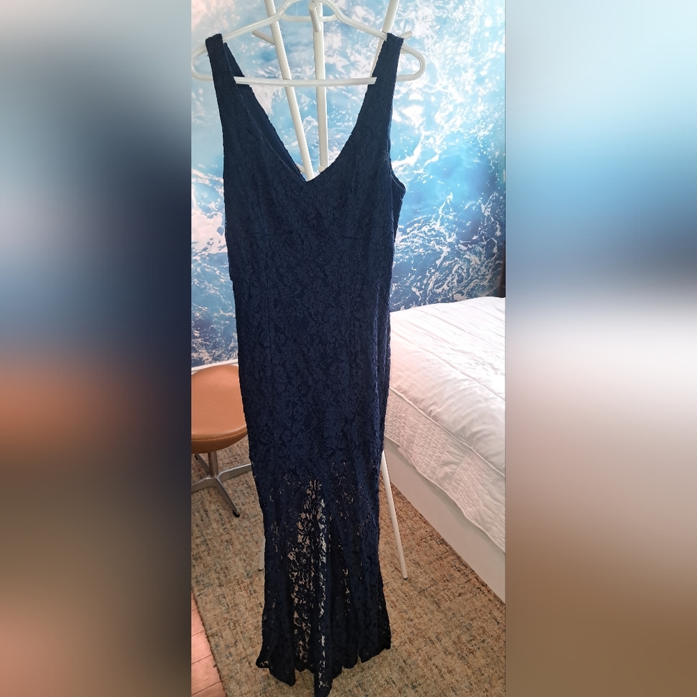 Le chateau Navy Lace Maxi Dress with V-Neck